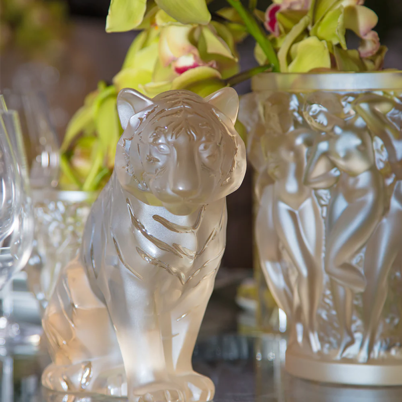 Sitting Tiger Large Sculpture Pink Luster Lalique