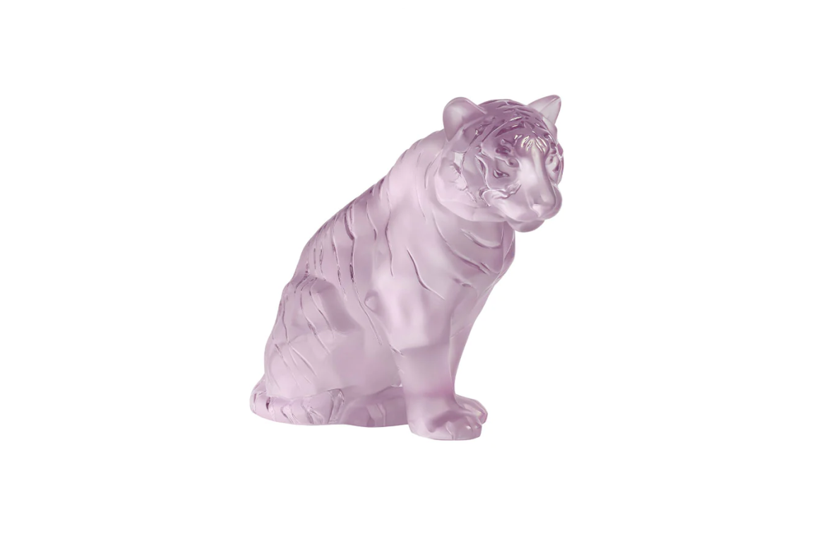 Sitting Tiger Large Sculpture Pink Luster Lalique