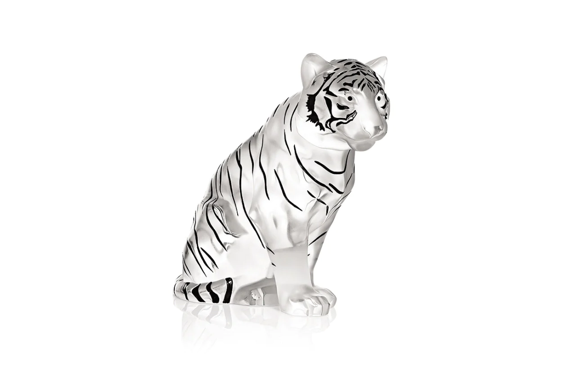Sitting Tiger Large Sculpture Clear Black Enamelled Luster Lalique