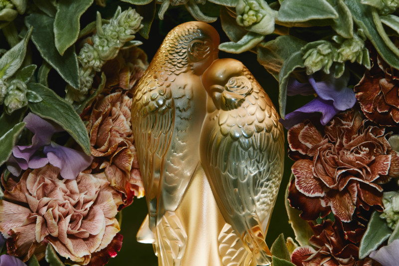 2 Parakeets Sculpture Gold Luster Crystal Lalique