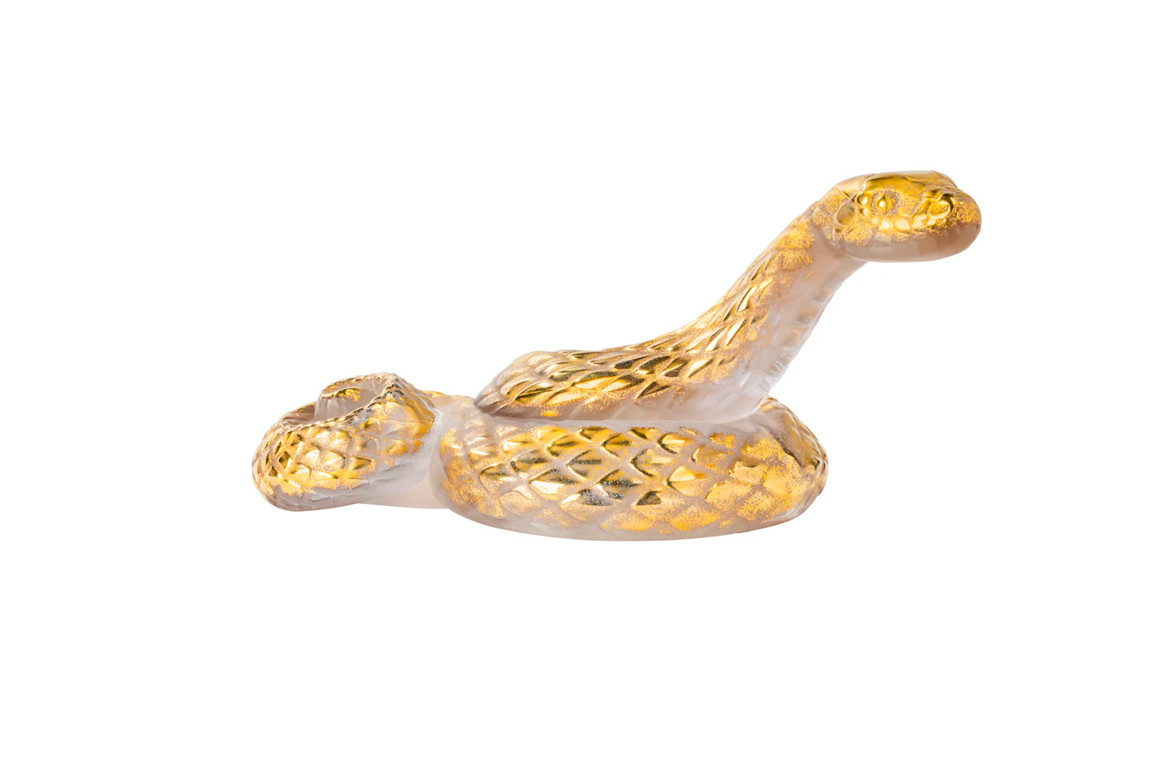 Snake Head Up Clear Gold Stamped Crystal Sculpture Lalique